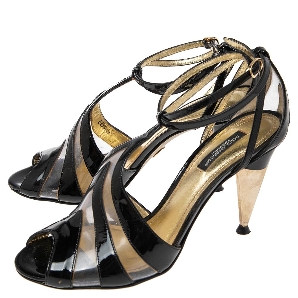 Dolce & Gabbana Black PVC And Leather Strappy Sandals Size 37 In Good Condition In Dubai, Al Qouz 2