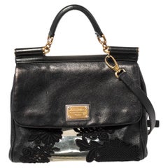 Dolce 
Gabbana Black PVC, Lace And Leather Large Miss Sicily Top Handle Bag