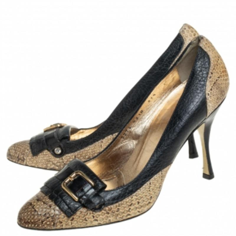Women's Dolce & Gabbana Black Python and Leather Buckle Detail Fringe Pumps Size 37.5 For Sale