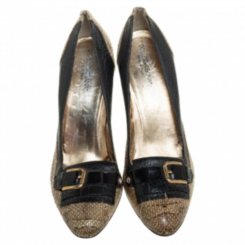 Dolce & Gabbana Black Python and Leather Buckle Detail Fringe Pumps Size 37.5 For Sale 2
