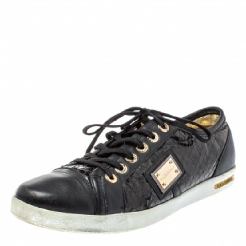 Men's Dolce & Gabbana Black Python Embossed And Leather Low Top Sneakers Size 41 For Sale