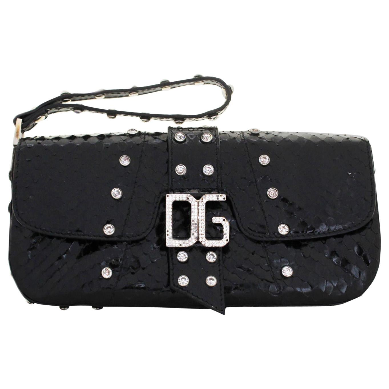 Dolce & Gabbana Black Python Wristlet W/ Crystal Studs & Crystal DG at Front  For Sale