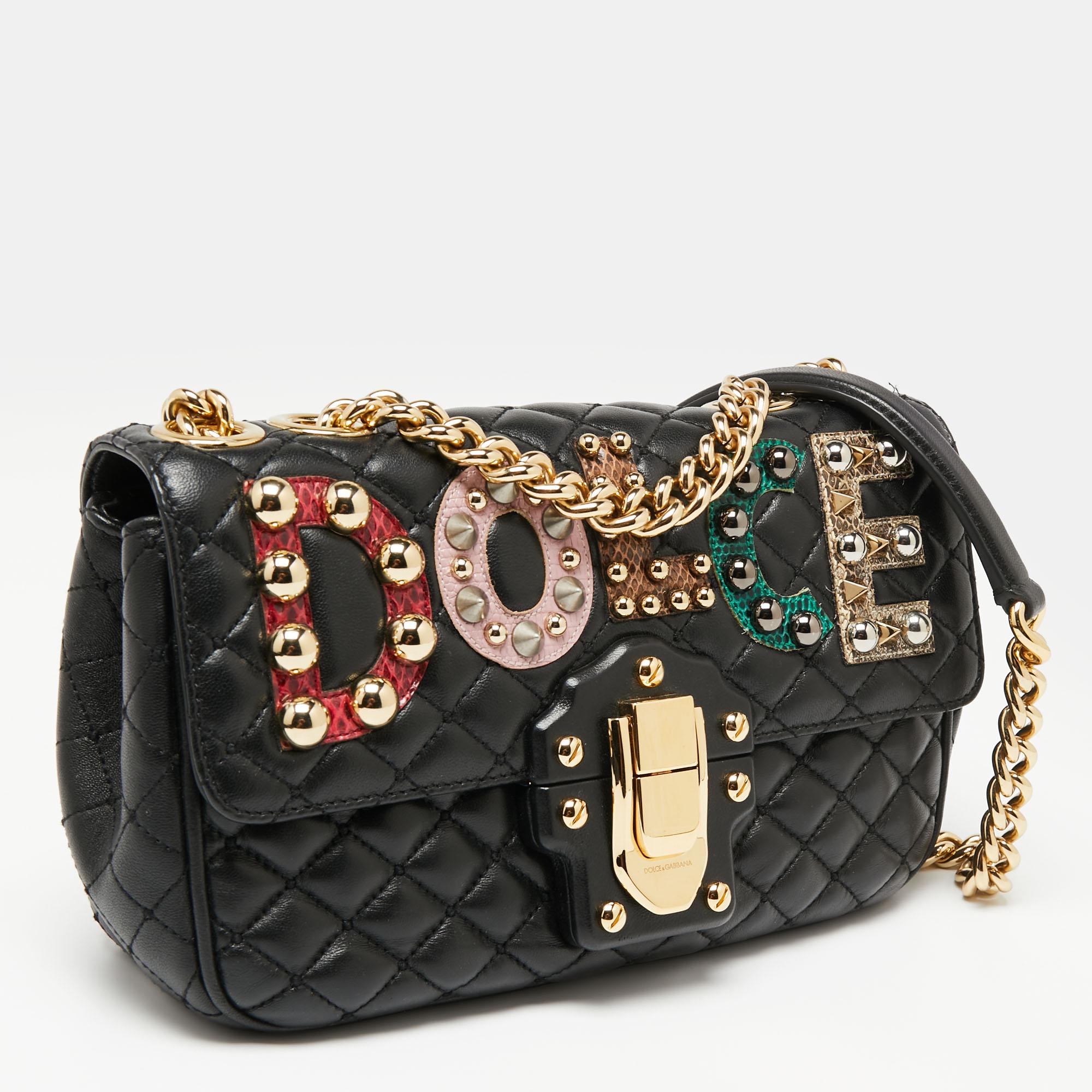 Women's Dolce & Gabbana Black Quilted Leather Lucia Embellished Shoulder Bag