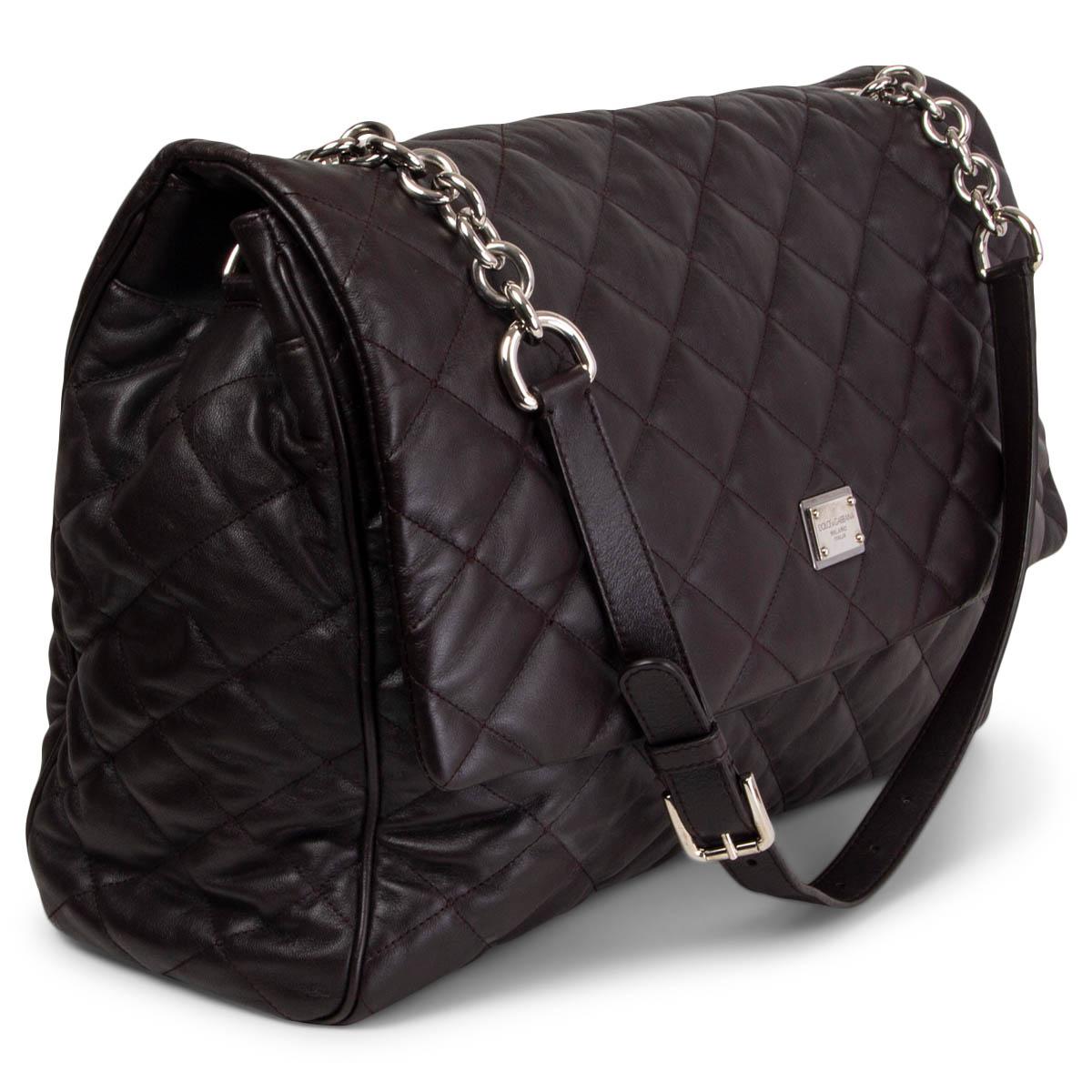 100% authentic Dolce & Gabbana Miss Kate quilted shoulder flap bag in espresso brown soft lambskin. Opens with two magnetic buttons under the flap to a beige and brown leopard print lining with one zipper pocket against the back, two open pockets