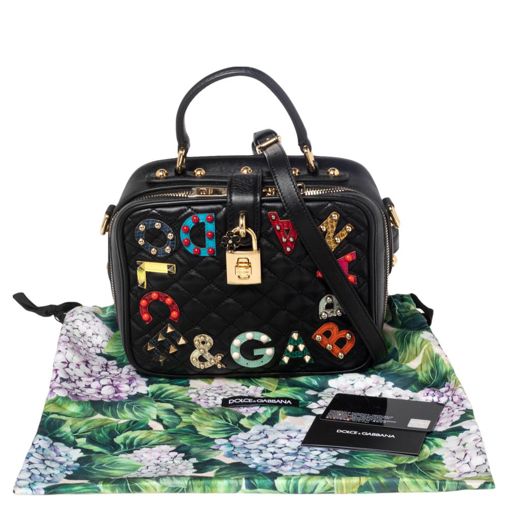Dolce & Gabbana Black Quilted Leather Rosaria Logo Embellished Top Handle Bag 9