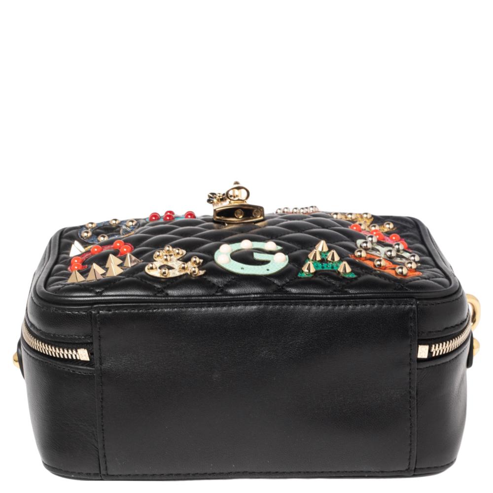 Dolce & Gabbana Black Quilted Leather Rosaria Logo Embellished Top Handle Bag 1