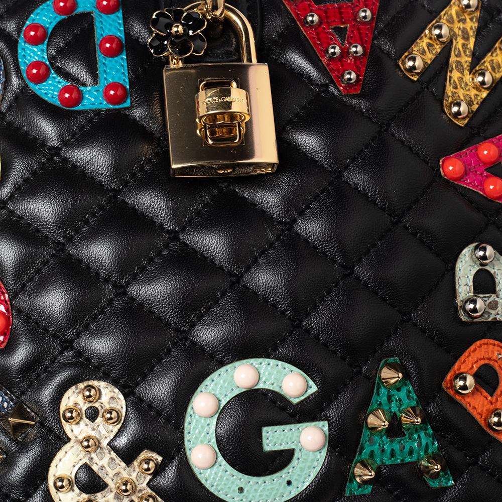 Dolce & Gabbana Black Quilted Leather Rosaria Logo Embellished Top Handle Bag 4