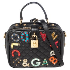 Dolce & Gabbana Black Quilted Leather Rosaria Logo Embellished Top Handle Bag