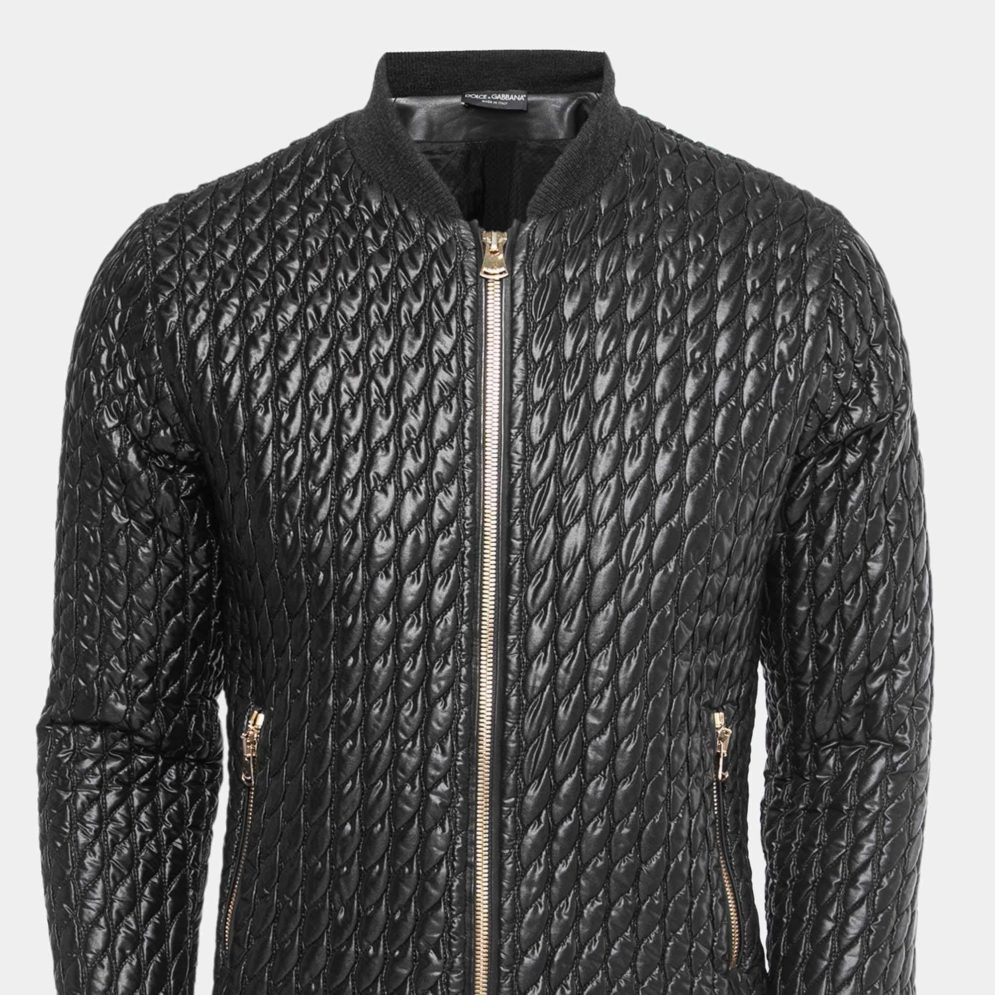 Dolce & Gabbana Black Quilted Nylon Zip Front Bomber Jacket L In Good Condition In Dubai, Al Qouz 2
