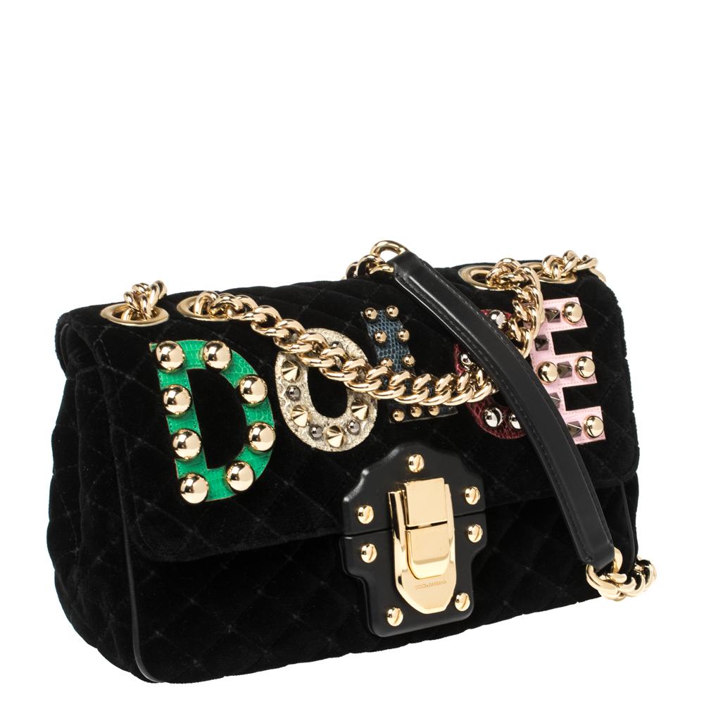 Dolce & Gabbana Black Quilted Velvet Lucia Embellished Shoulder Bag In Good Condition In Dubai, Al Qouz 2