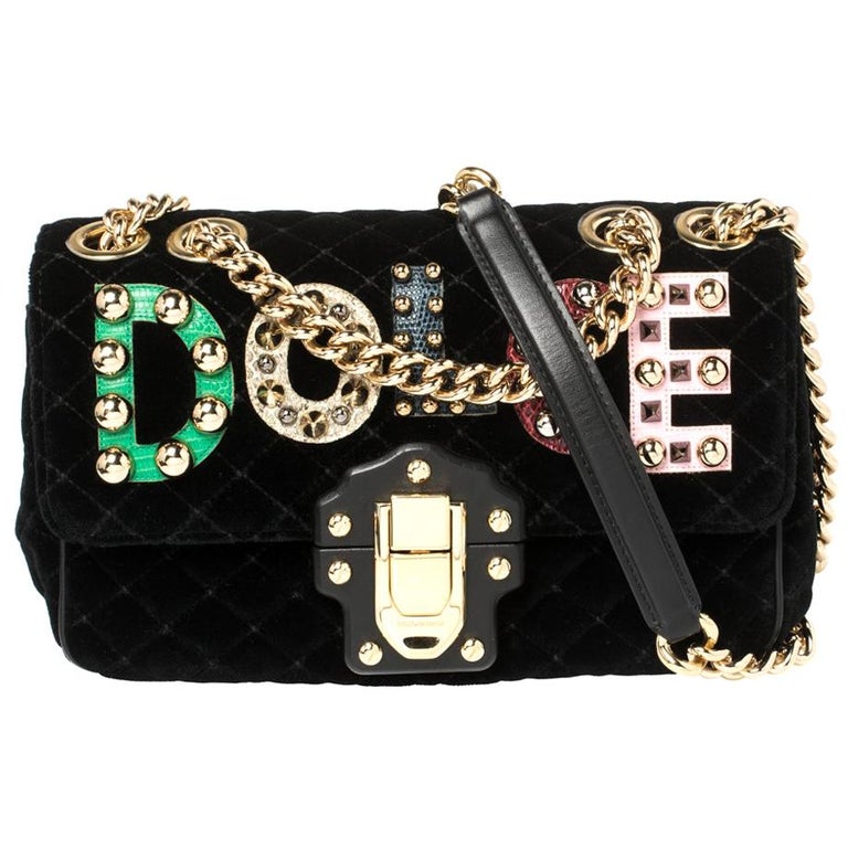 Dolce and Gabbana Black Quilted Velvet Lucia Embellished Shoulder Bag ...