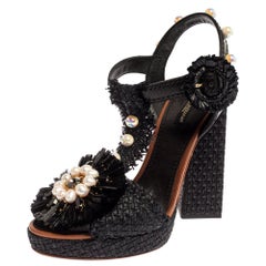 Dolce & Gabbana Black Raffia Pearl Embellished T Strap Platform Sandals Size 38