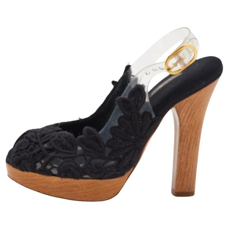 Dolce & Gabbana Black Raffia & PVC Peep-Toe Platform Slingback Sandals Size 36.5 For Sale
