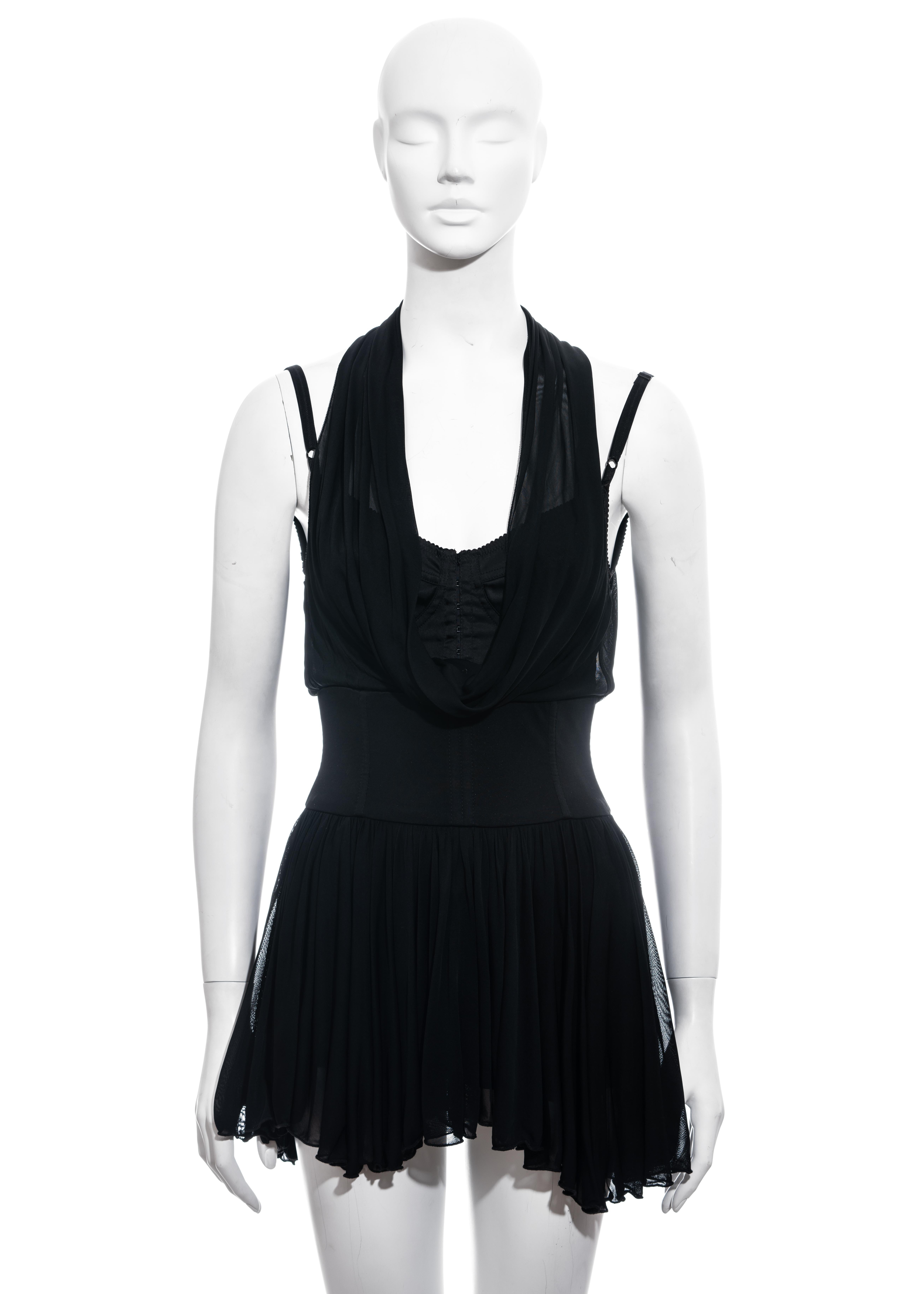 ▪ Dolce & Gabbana black mini halter dress
▪ 100% Rayon
▪ Lining: 78% Acetate, 6% Spandex, 16% Nylon
▪ Built-in corset and bra with hook fastenings 
▪ Asymmetric hemline 
▪ Cowl neck 
▪ IT 40 - FR 36 - UK 8 - US 4