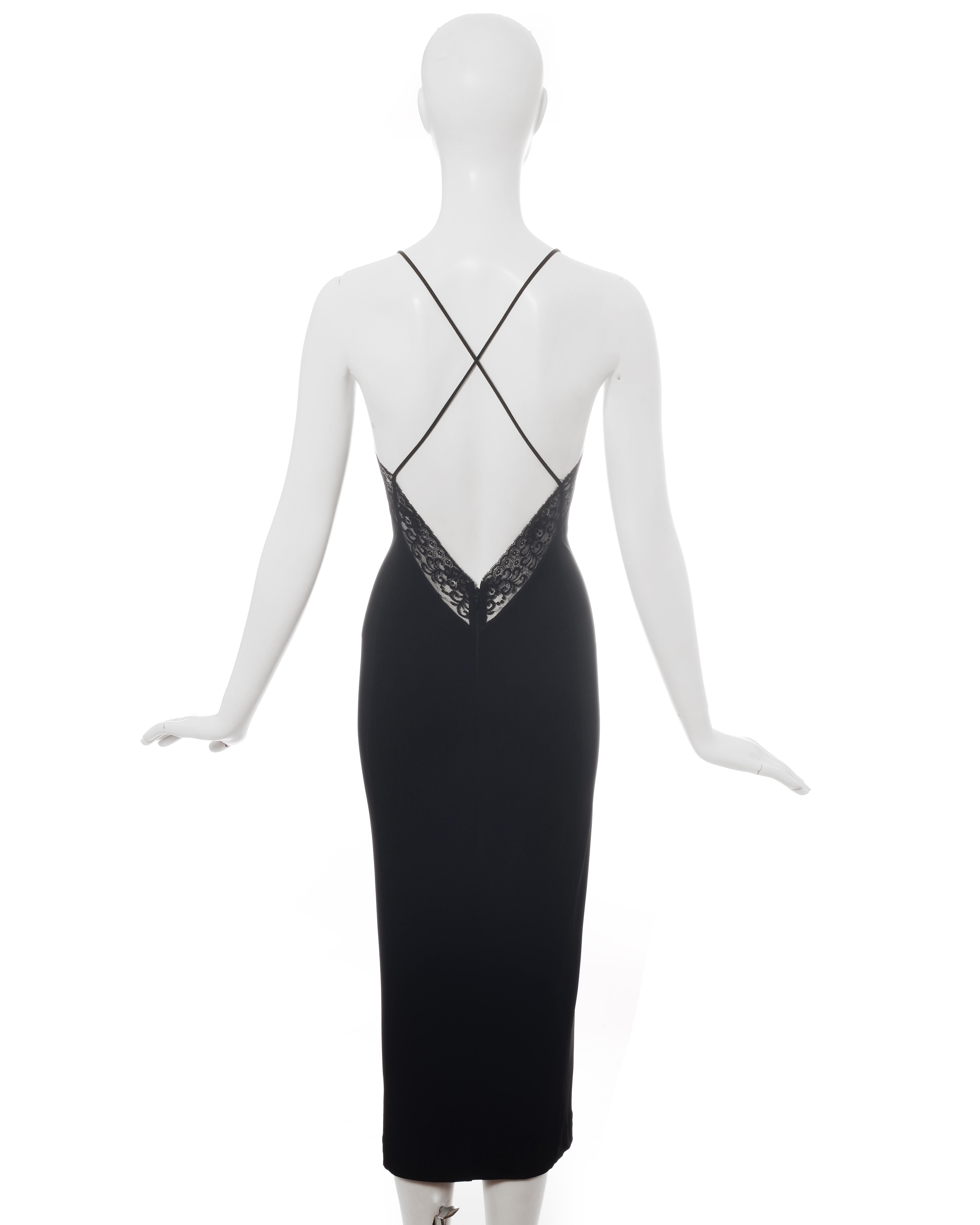 Black Dolce & Gabbana black rayon figure hugging evening dress with lace, c. 1990s For Sale