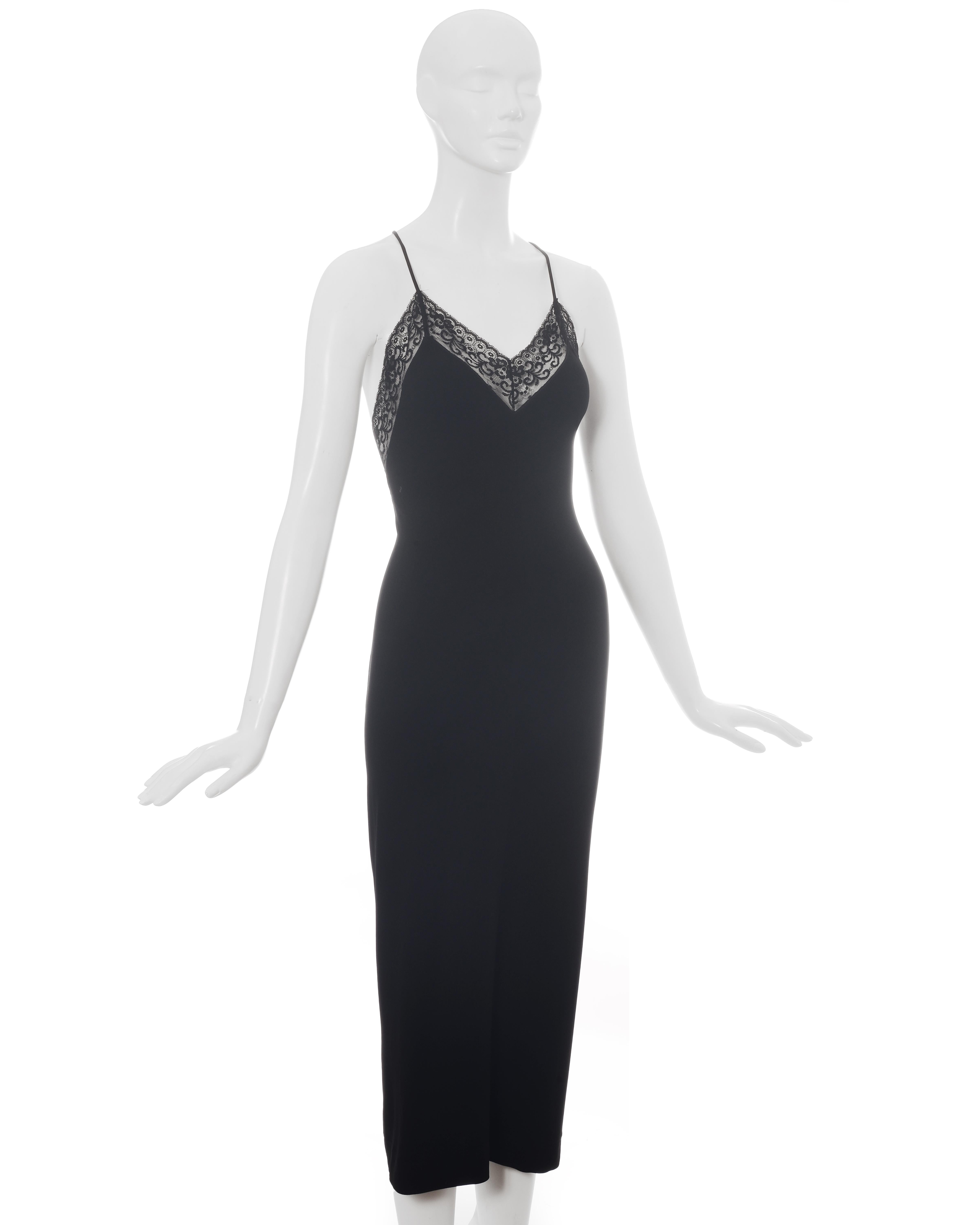 Women's Dolce & Gabbana black rayon figure hugging evening dress with lace, c. 1990s For Sale