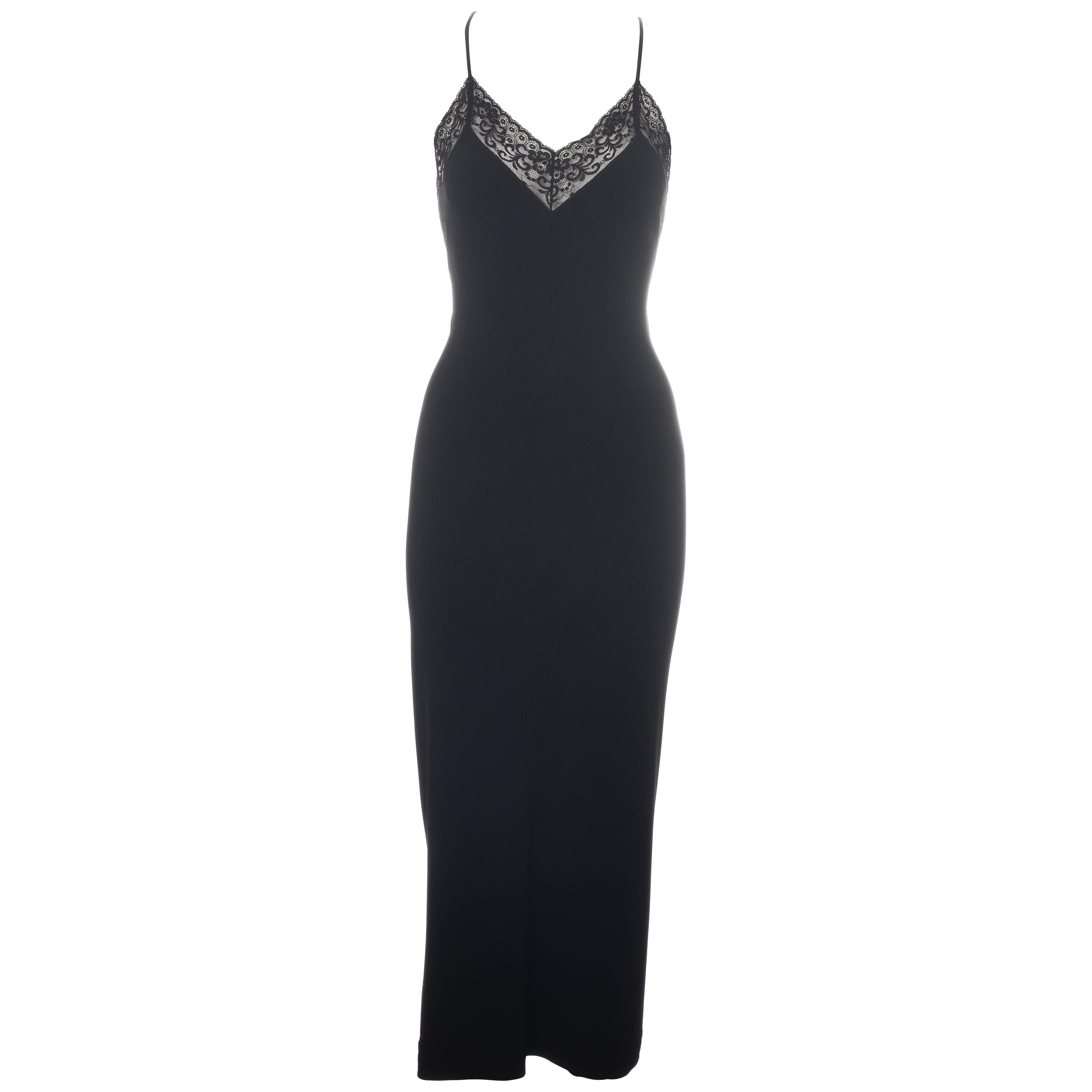 Dolce & Gabbana black rayon figure hugging evening dress with lace, c. 1990s For Sale