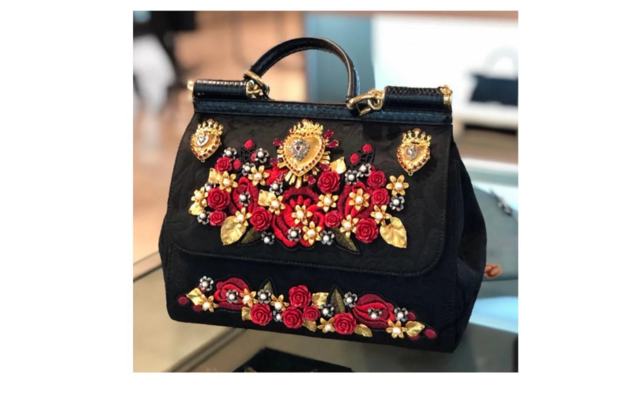 Dolce & Gabbana Black Red Brocade Floral Sicily Handbag Sacred Heart Roses Bag In New Condition In WELWYN, GB