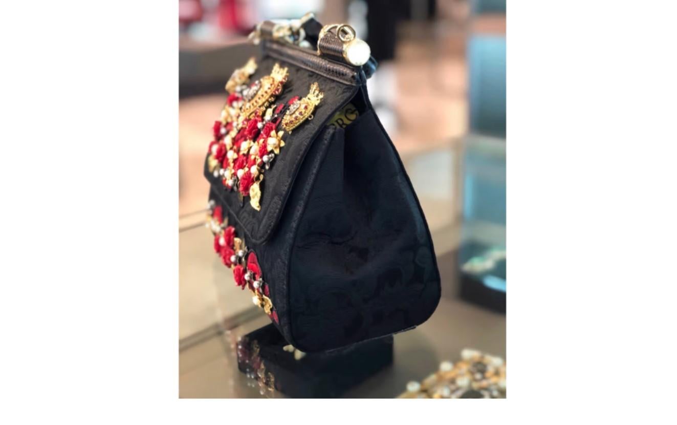Women's Dolce & Gabbana Black Red Brocade Floral Sicily Handbag Sacred Heart Roses Bag