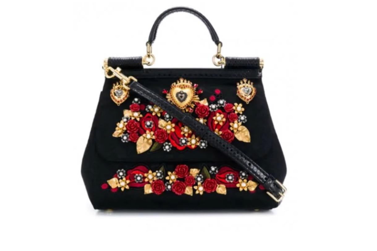 Dolce & Gabbana Black Red Brocade Floral Sicily Handbag Sacred Heart Roses Bag 1