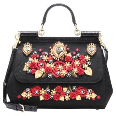Dolce & Gabbana Black Red Brocade Floral Sicily Handbag Sacred Heart Roses Bag