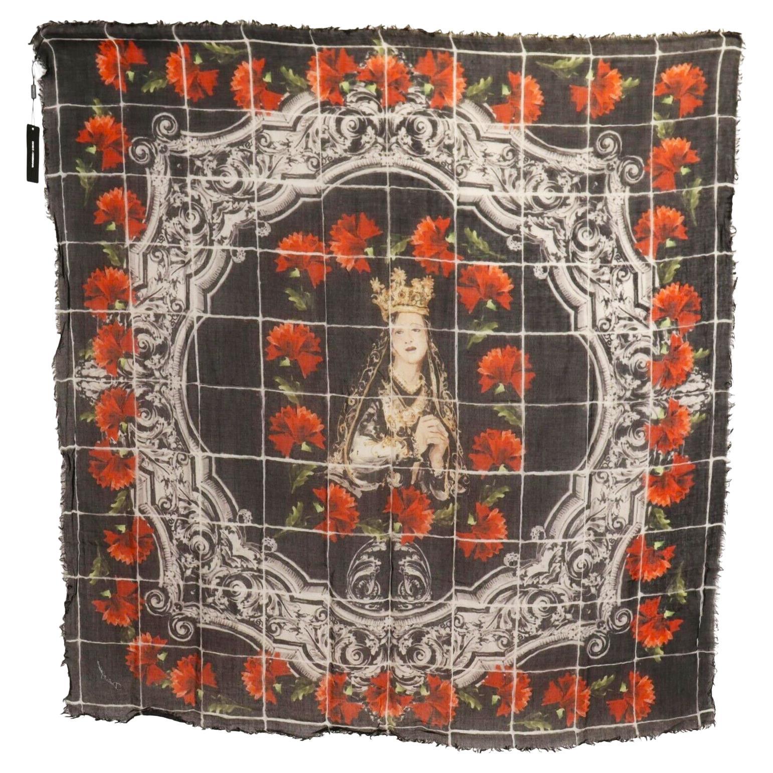 Dolce And Gabbana Black Pink Silk Tropical Rose Scarf Wrap Cover Up