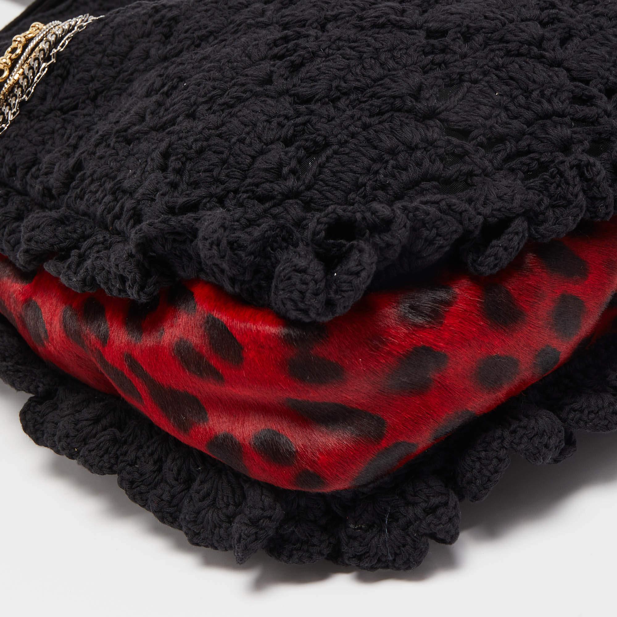 Dolce & Gabbana Black/Red Crochet and Leopard Print Calf Hair Tote For Sale 2