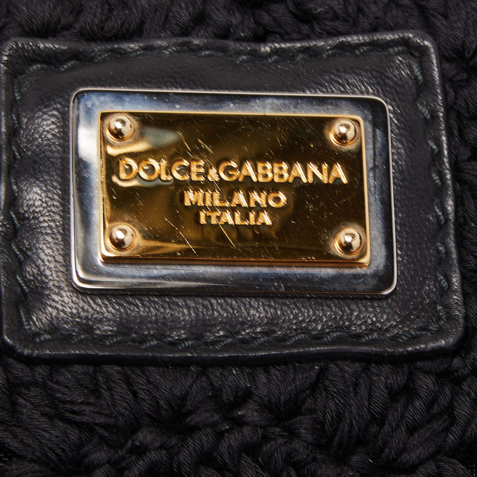 Dolce & Gabbana Black/Red Crochet and Leopard Print Calf Hair Tote For Sale 3