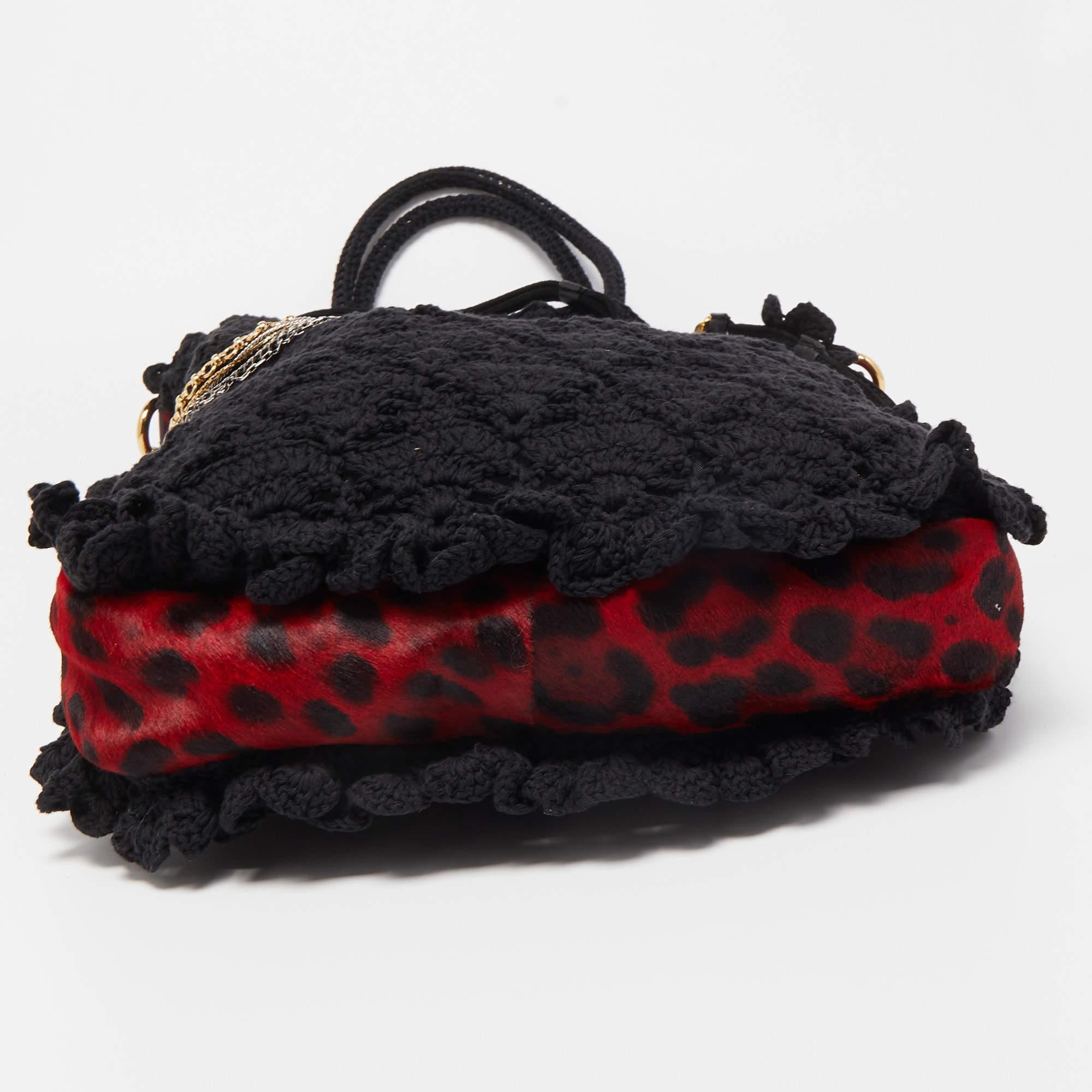 Dolce & Gabbana Black/Red Crochet and Leopard Print Calf Hair Tote For Sale 5