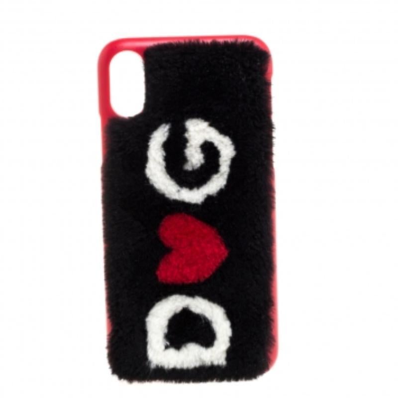 Women's Dolce & Gabbana Black/Red Fur Logo Plaque iPhone X Cover For Sale