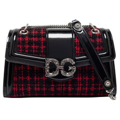 Dolce & Gabbana Black/Red Glossy Leather and Tweed DG Amore Shoulder Bag