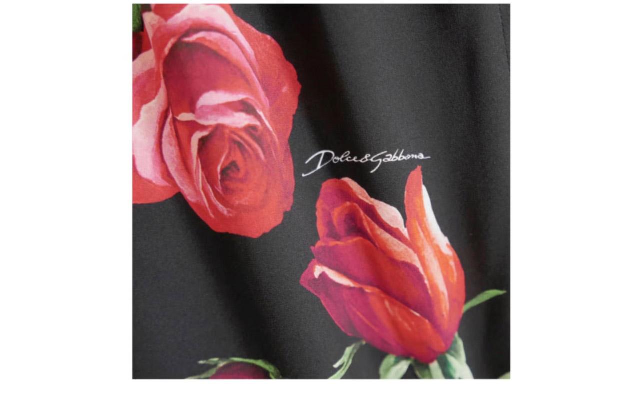 Dolce & Gabbana Black Red Green Silk Roses Leaves Mid-length Dress DG Flowers In New Condition In WELWYN, GB