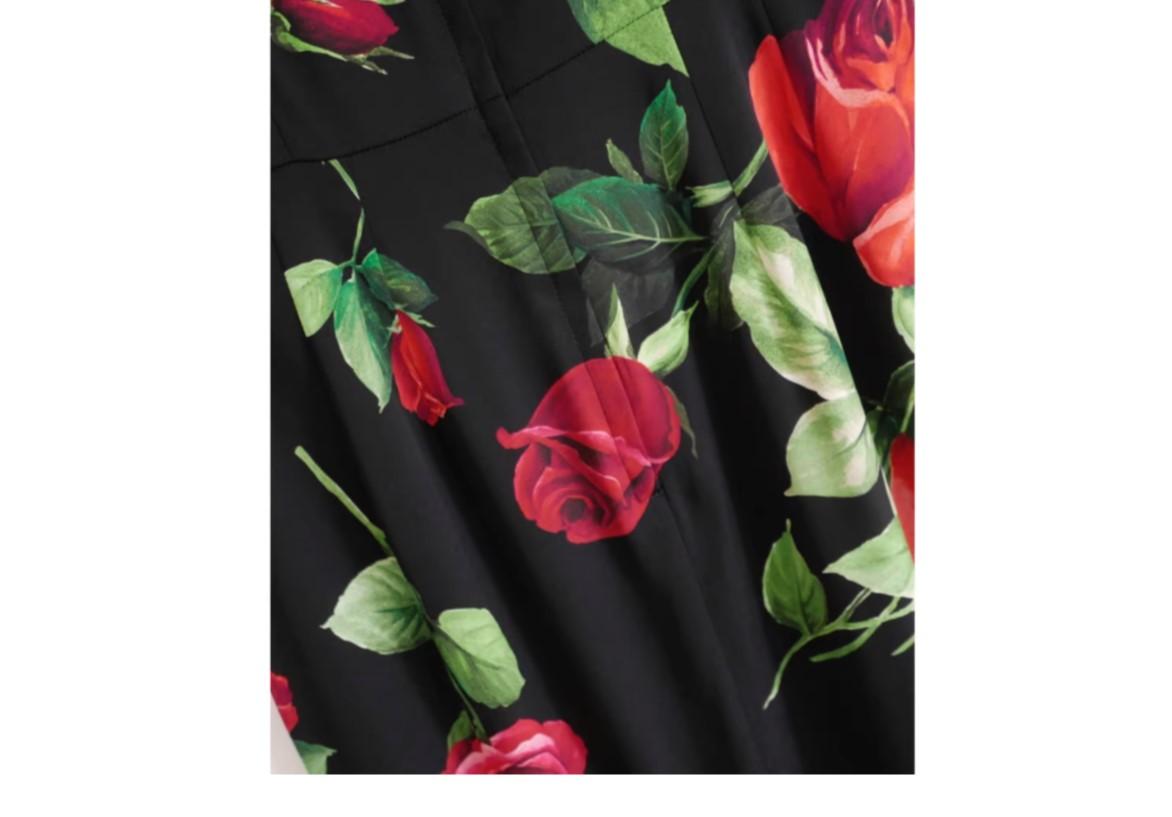 Women's Dolce & Gabbana Black Red Green Silk Roses Leaves Mid-length Dress DG Flowers