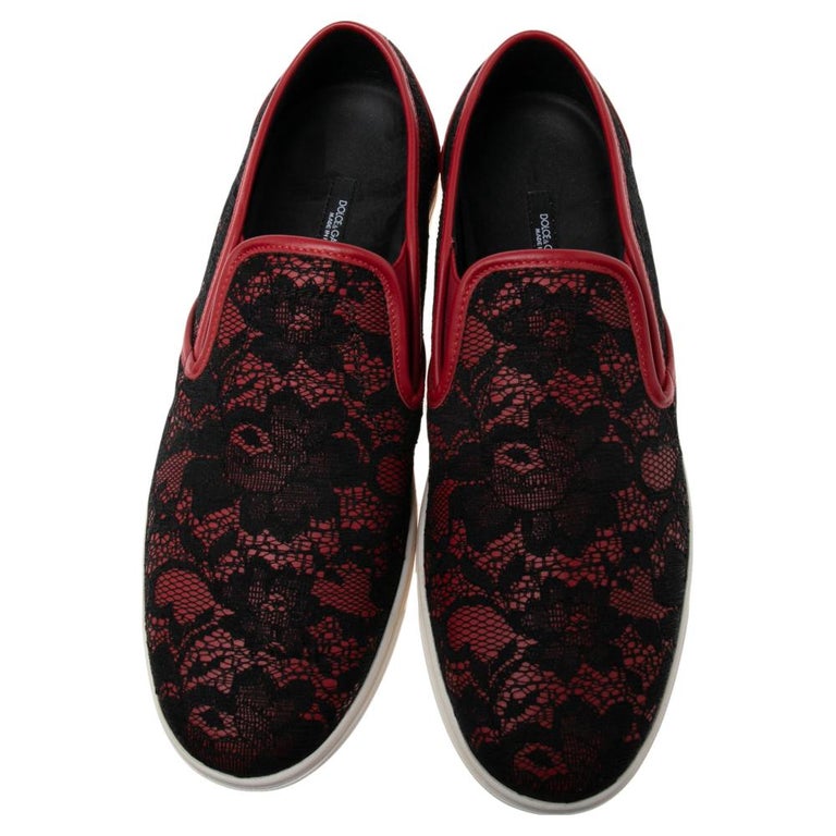 Dolce and Gabbana Black/Red Lace And Leather Slip On Sneakers Size 40