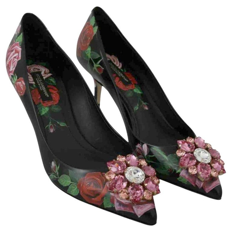 Dolce and Gabbana Black Red Leather Rose Print Taormina Heels Shoes Pumps  Floral For Sale at 1stDibs