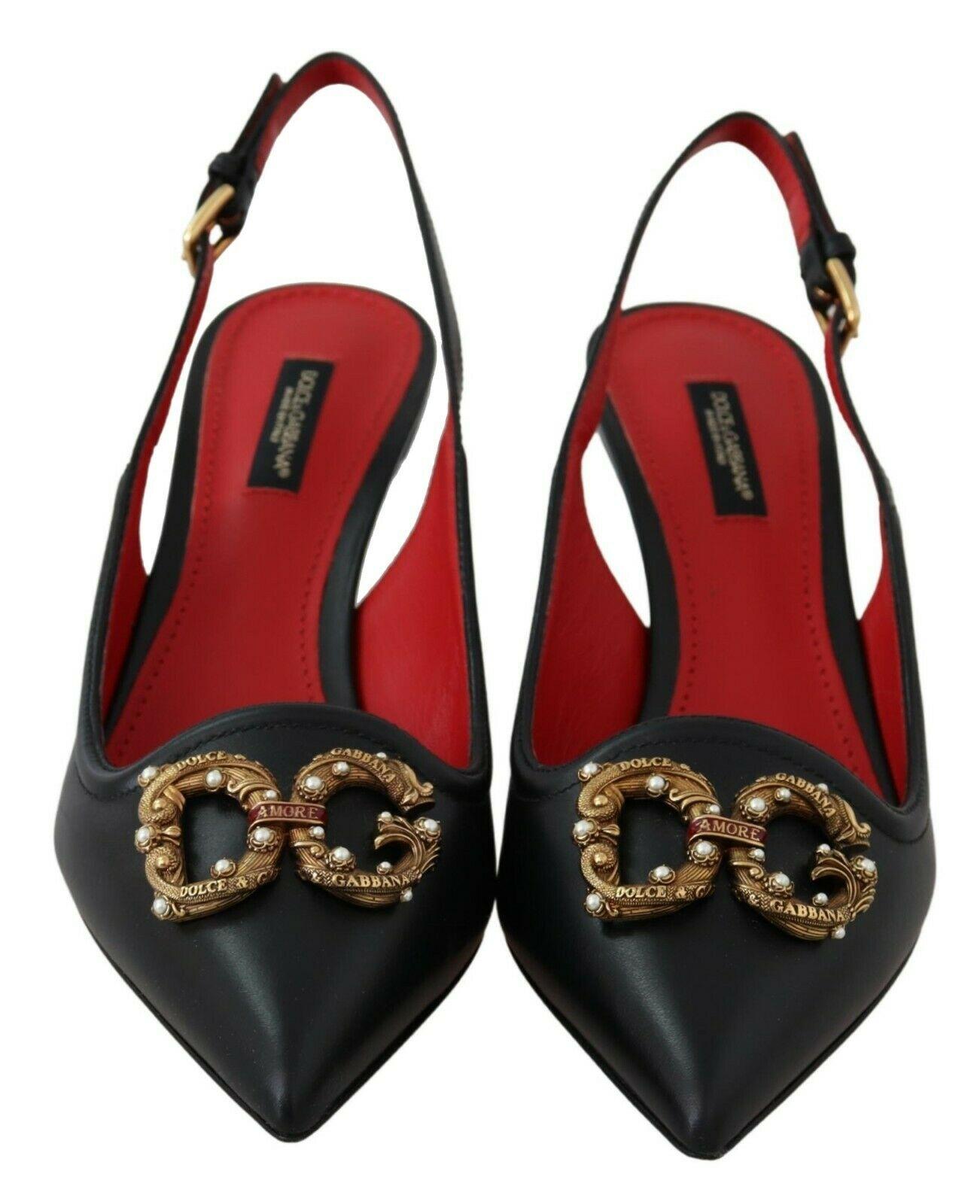 Dolce & Gabbana Black Red Leather Sling Back Shoes Heels Pumps Amore DG Logo In New Condition In WELWYN, GB