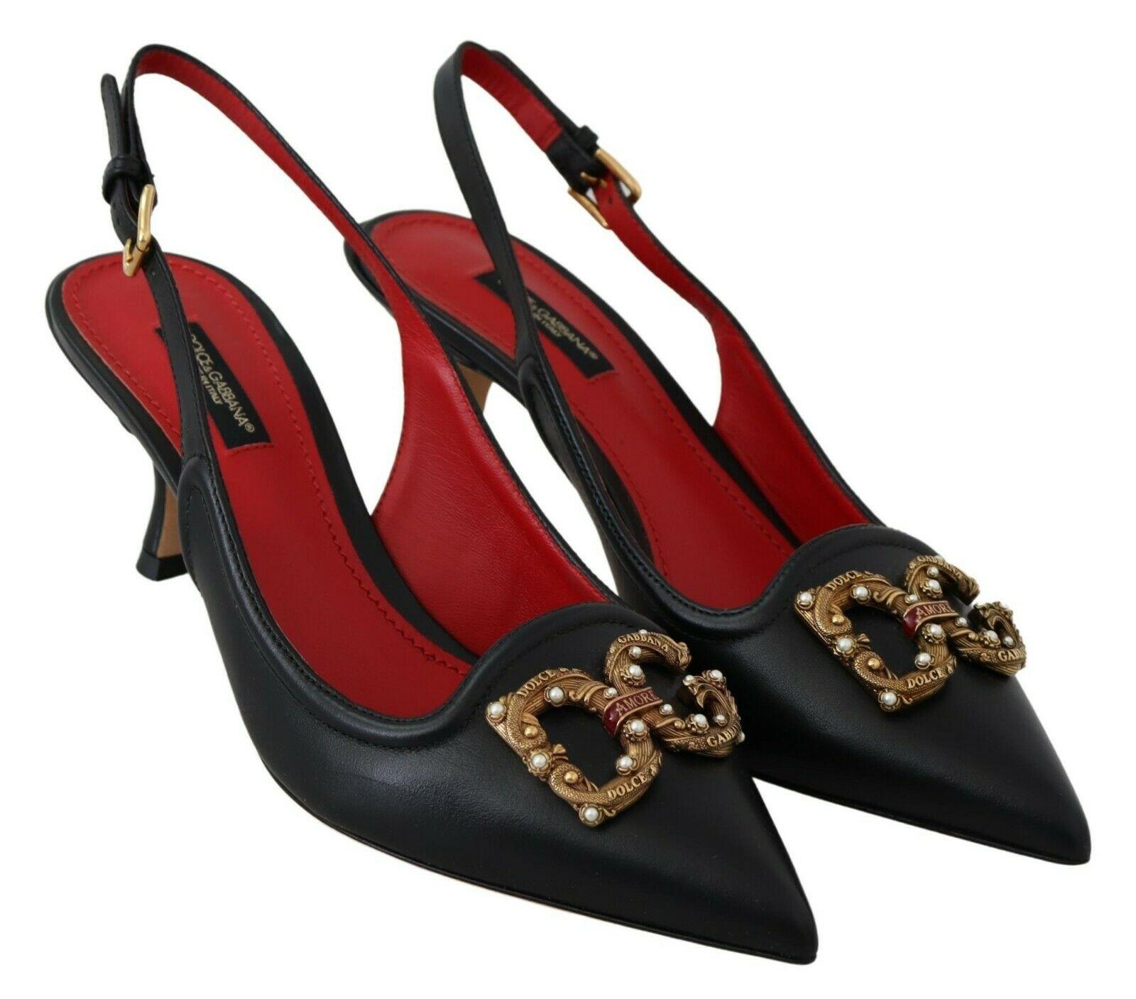 Women's Dolce & Gabbana Black Red Leather Sling Back Shoes Heels Pumps Amore DG Logo