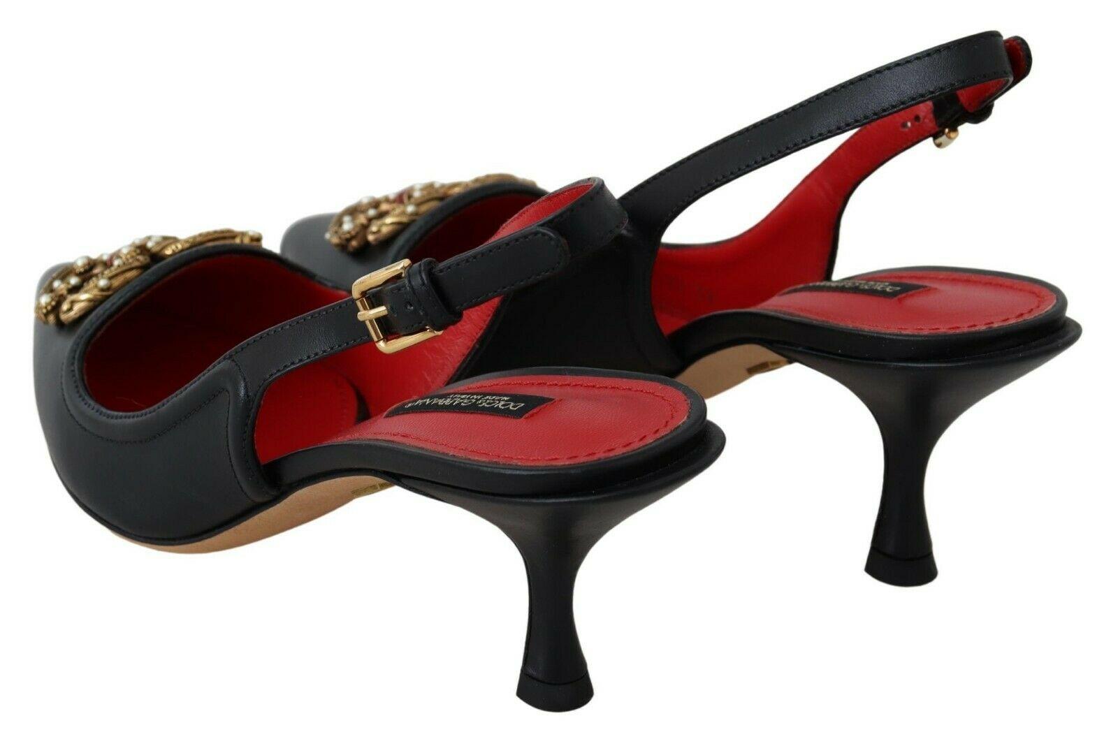 Dolce & Gabbana Black Red Leather Sling Back Shoes Heels Pumps Amore DG Logo 1