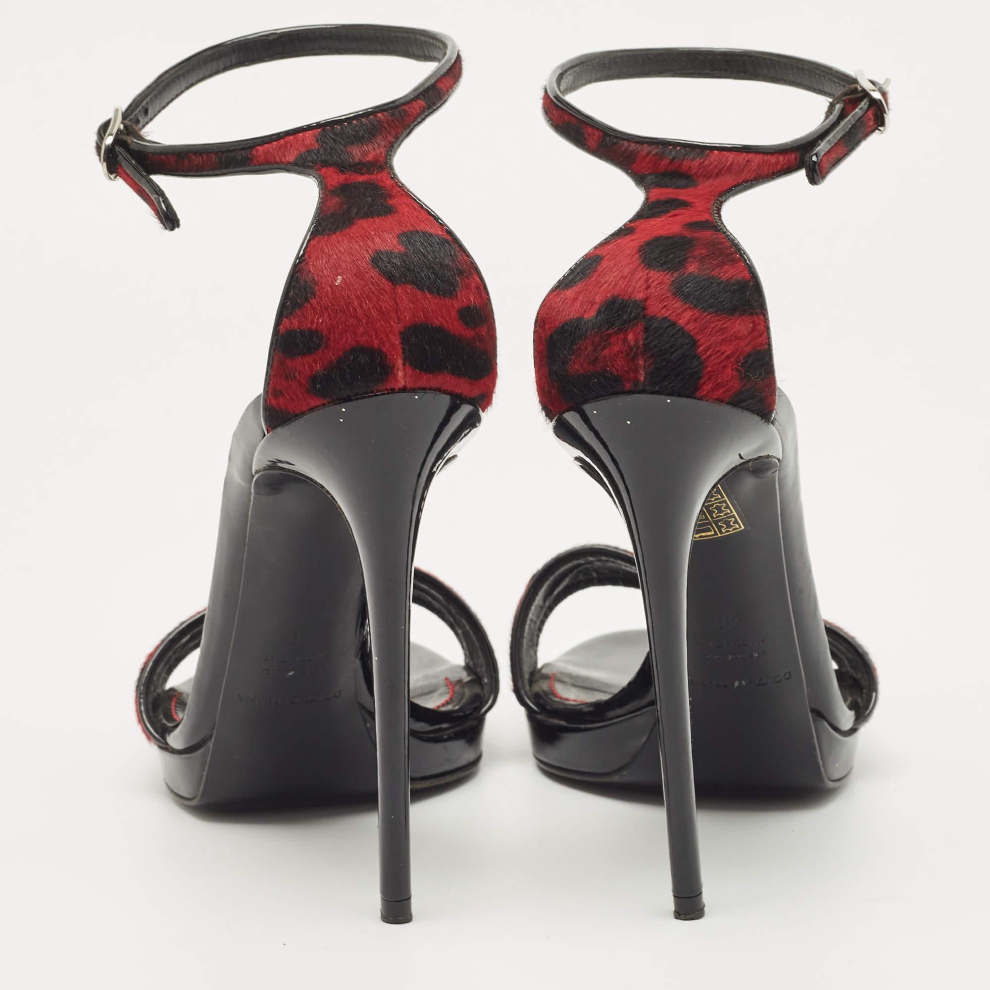 Dolce & Gabbana Black/Red Leopard Print Calf Hair Ankle Strap Sandals Size 40 For Sale 3