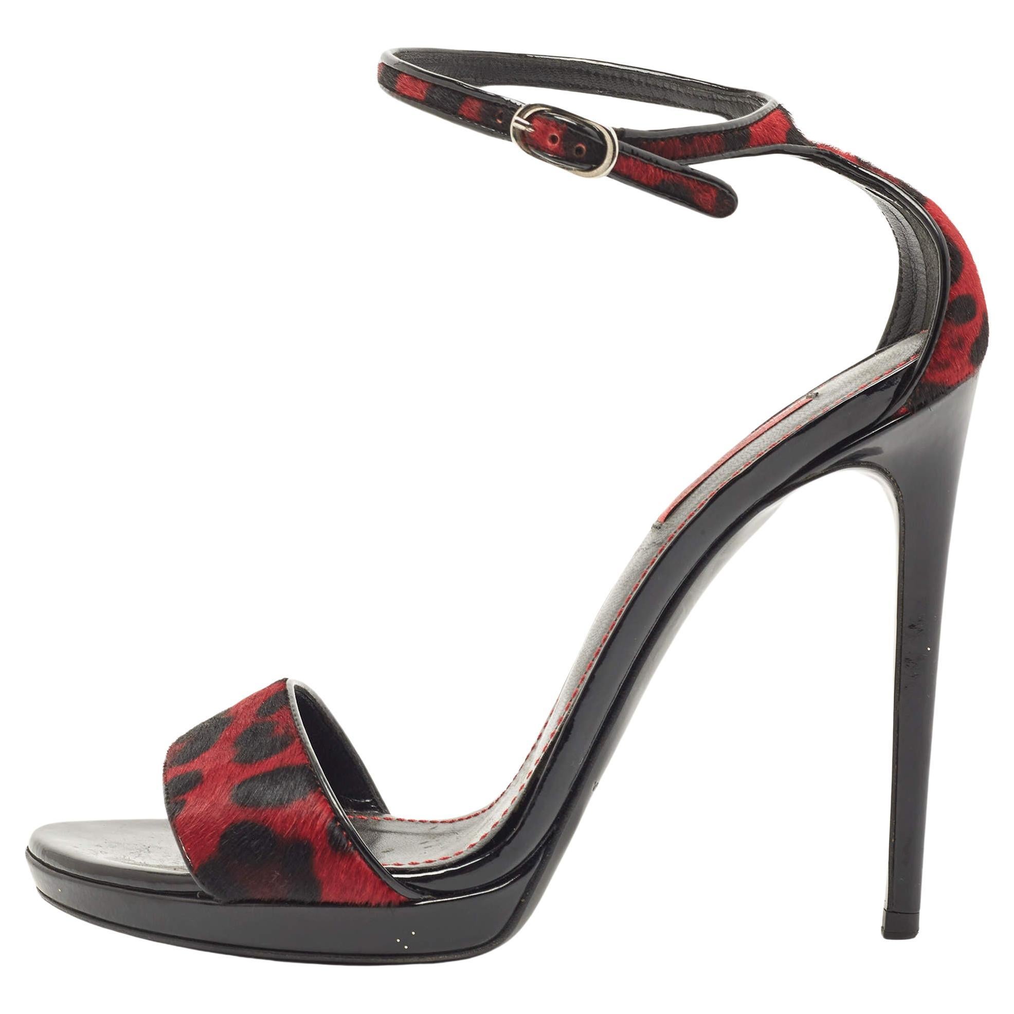 Dolce & Gabbana Black/Red Leopard Print Calf Hair Ankle Strap Sandals Size 40 For Sale