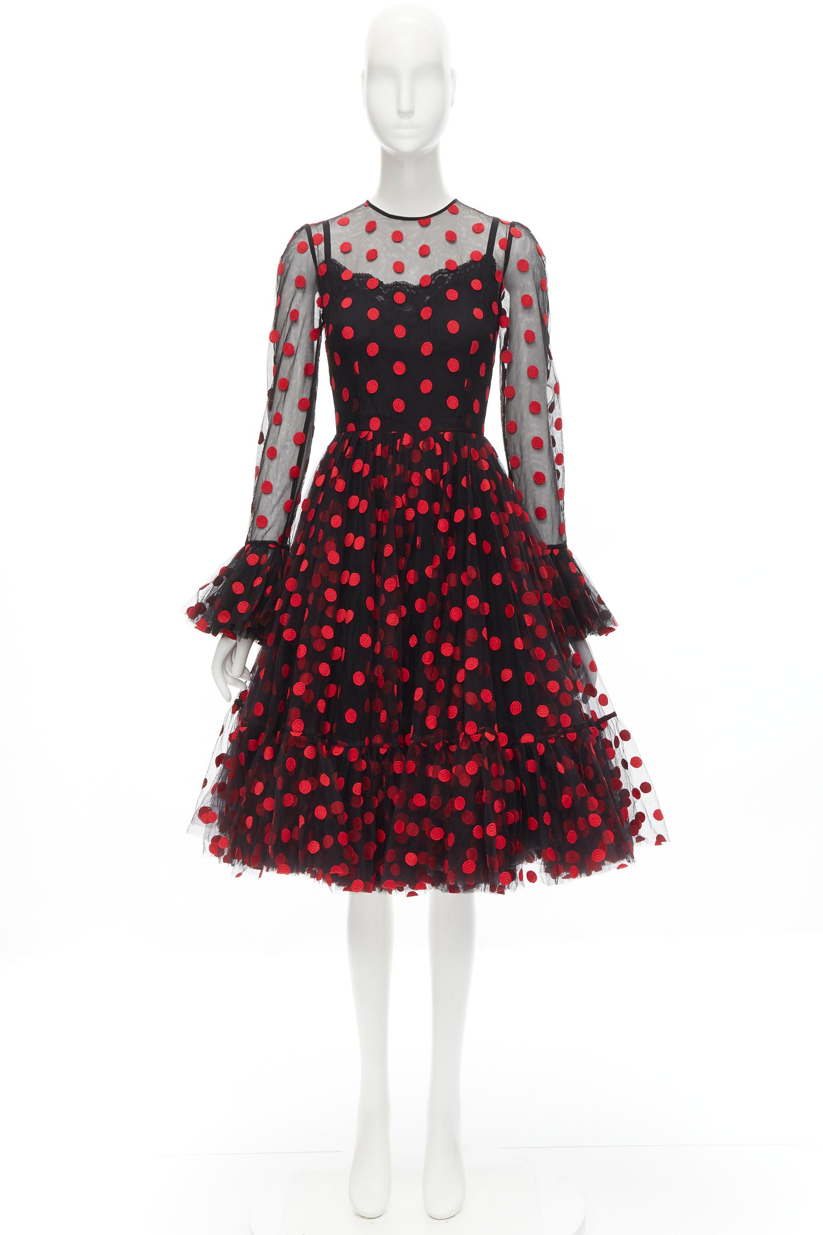 DOLCE GABBANA black red polka dot embroidered tulle flared dress IT40 S For Sale 2
