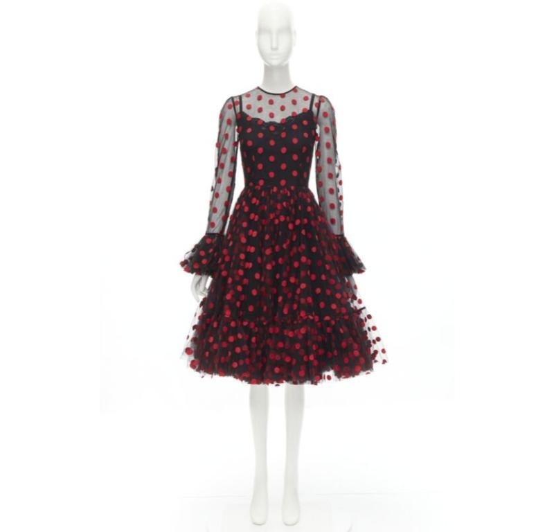 DOLCE GABBANA vestido acampanado de tul bordado a lunares rojo negro IT40 S en venta 5