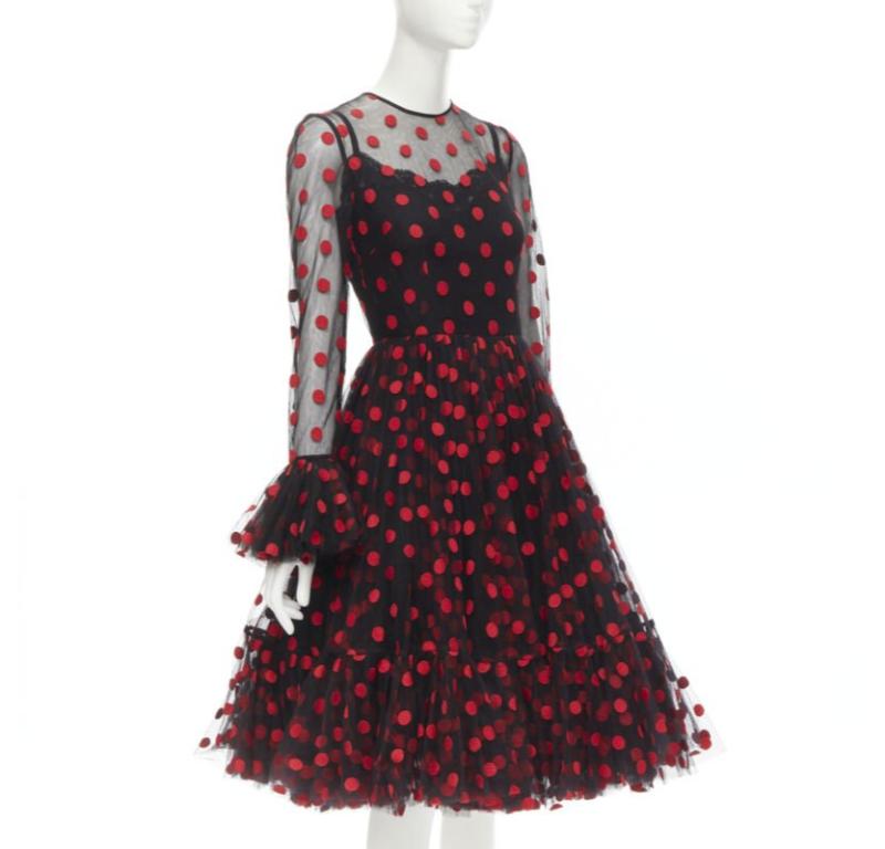 DOLCE GABBANA vestido acampanado de tul bordado a lunares rojo negro IT40 S Negro en venta
