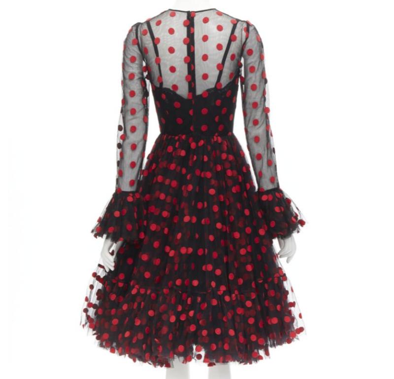 De las mujeres DOLCE GABBANA vestido acampanado de tul bordado a lunares rojo negro IT40 S en venta