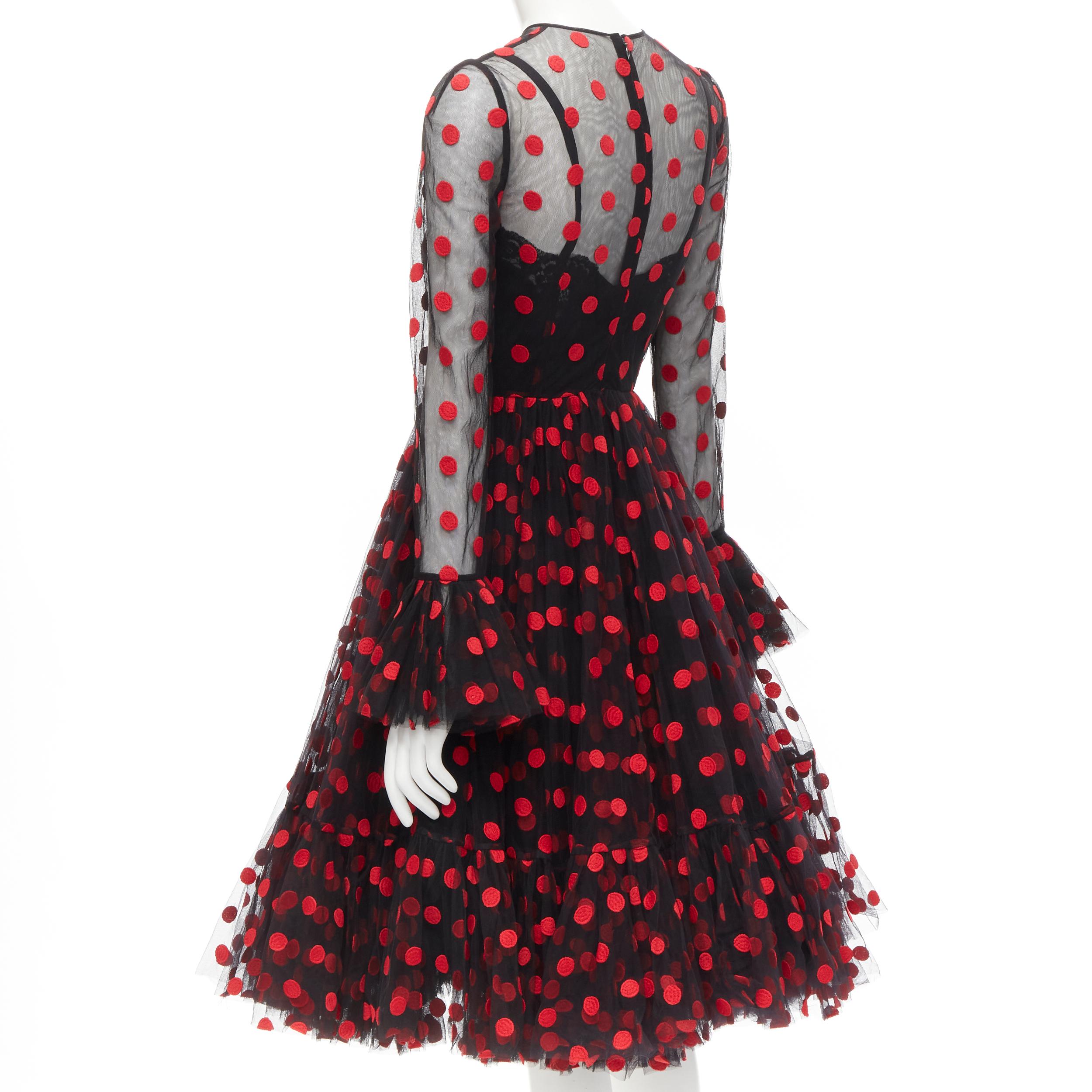 Black DOLCE GABBANA black red polka dot embroidered tulle flared dress IT40 S For Sale