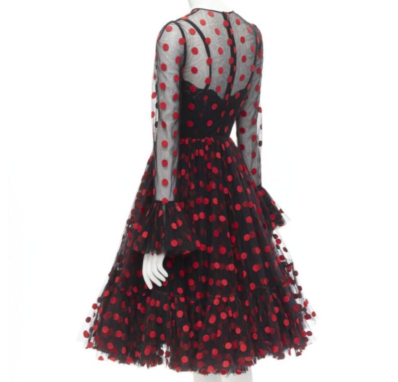 DOLCE GABBANA vestido acampanado de tul bordado a lunares rojo negro IT40 S en venta 1
