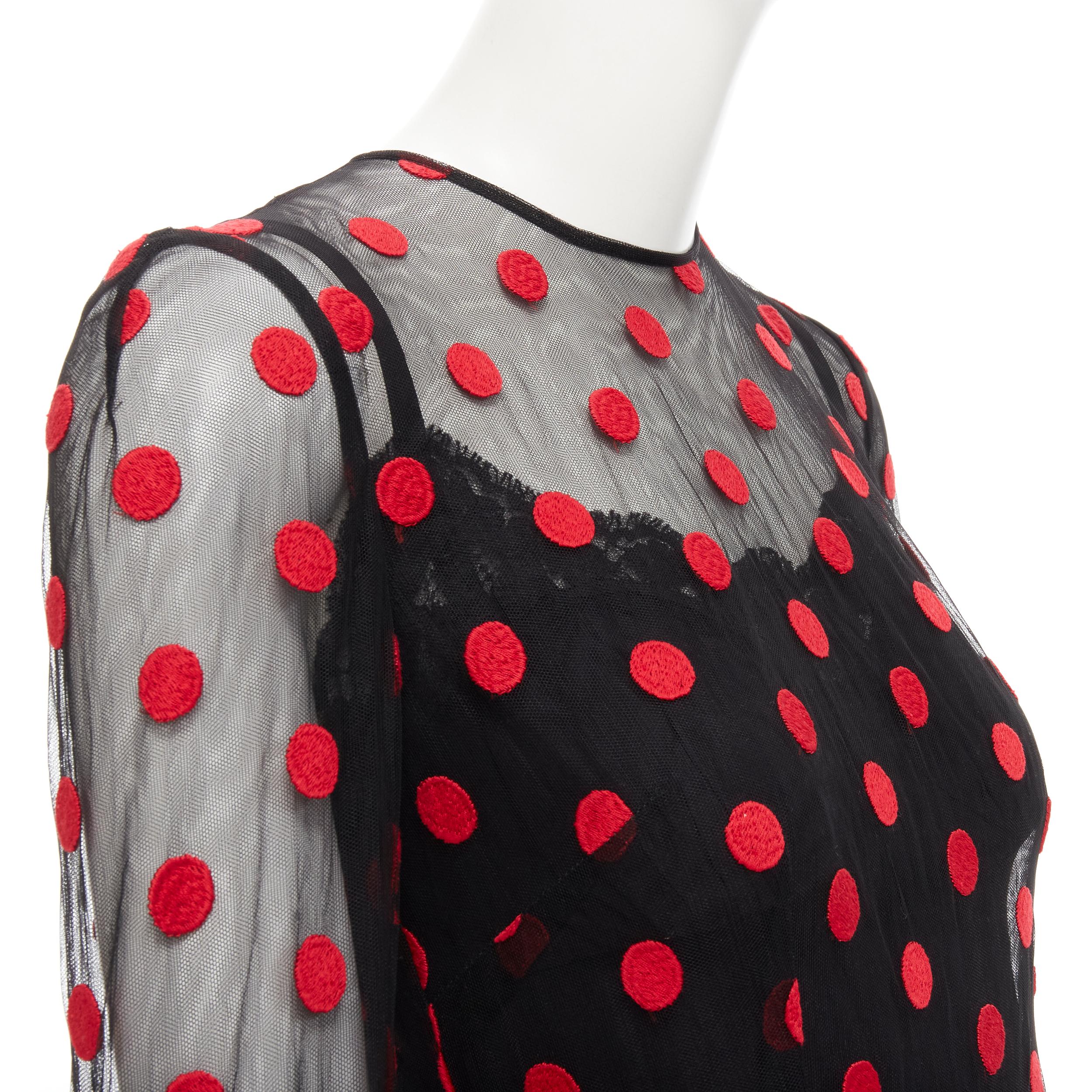 DOLCE GABBANA black red polka dot embroidered tulle flared dress IT40 S In Excellent Condition For Sale In Hong Kong, NT