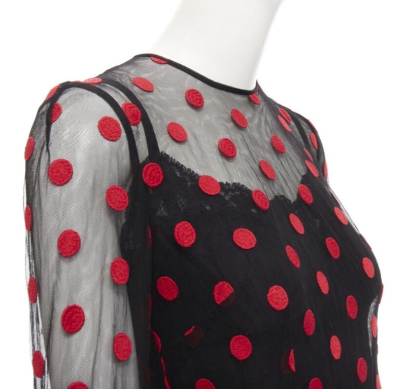 DOLCE GABBANA vestido acampanado de tul bordado a lunares rojo negro IT40 S en venta 2