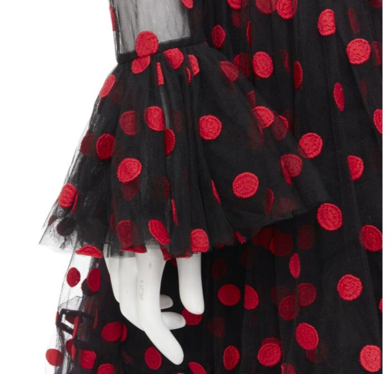DOLCE GABBANA vestido acampanado de tul bordado a lunares rojo negro IT40 S en venta 3