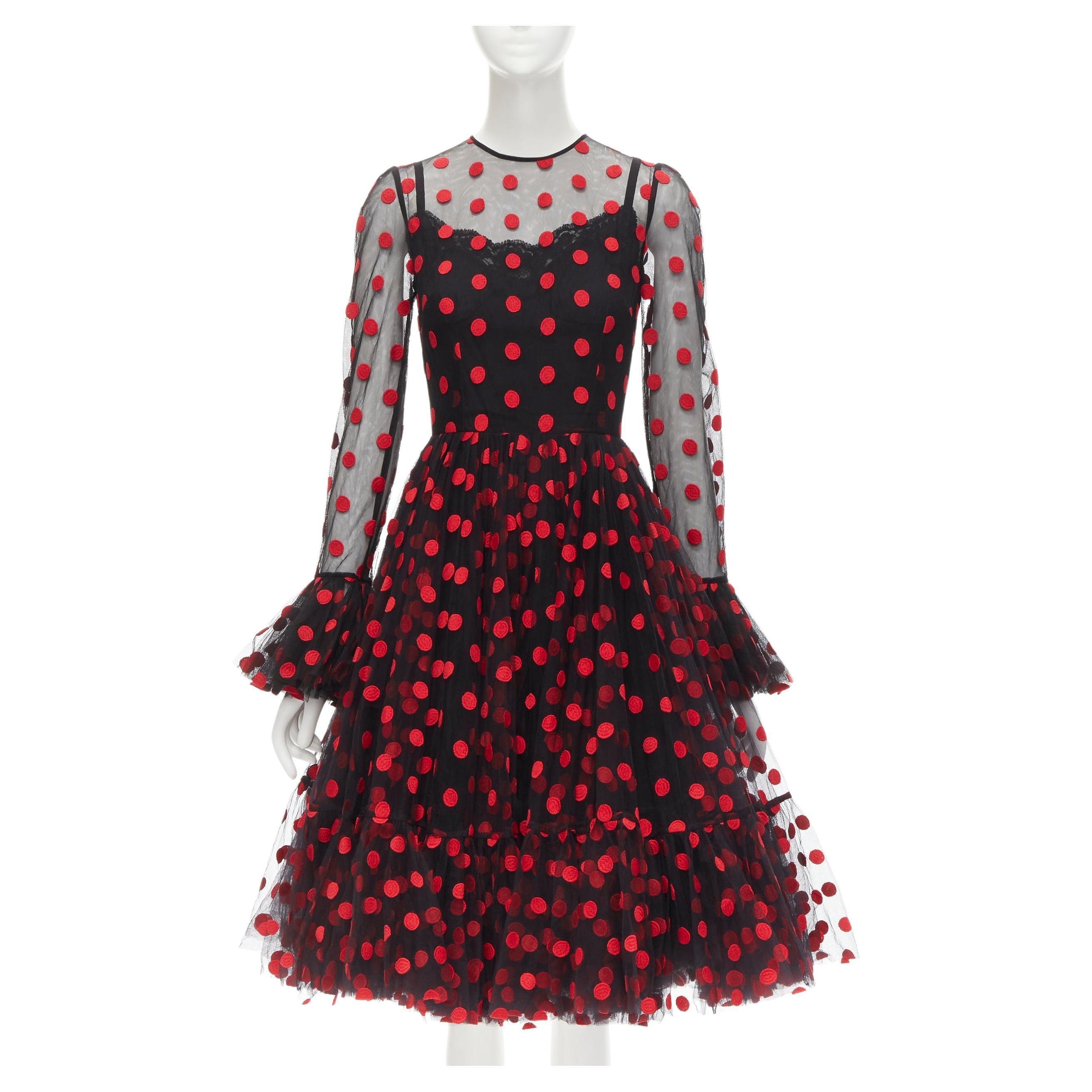 DOLCE GABBANA black red polka dot embroidered tulle flared dress IT40 S For Sale